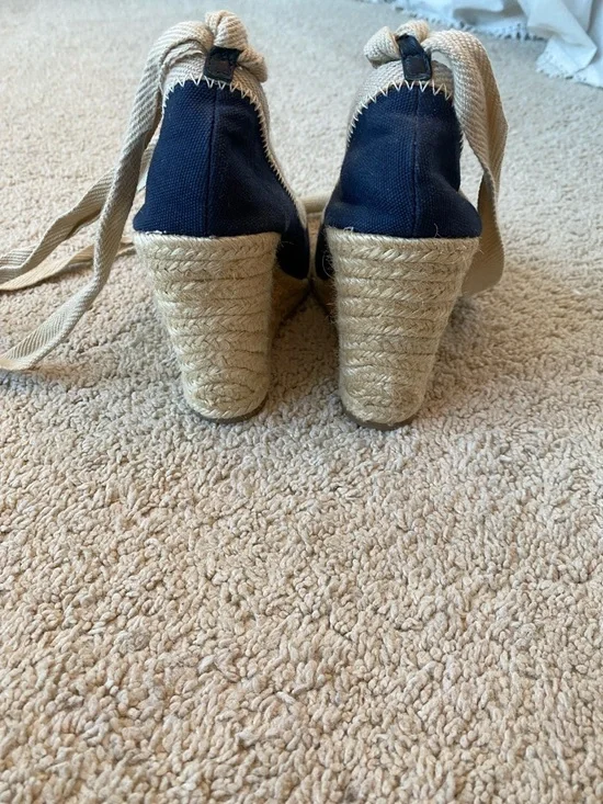 Tory Burch Navy Canvas Espadrille Wedges with Beige Rope Trim.  Tie up leg strap - Picture 3 of 4